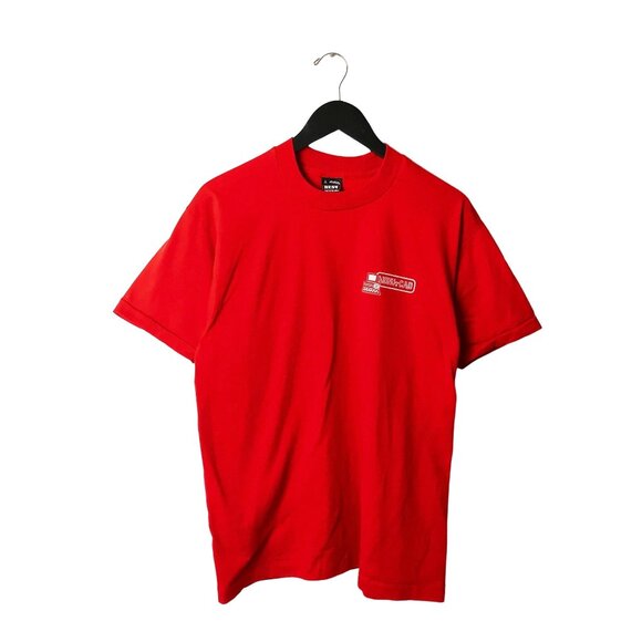 Vintage 90s Monu-Cad Computer T-Shirt Red Large Graphic Tee USA Single Stitch - Picture 1 of 16